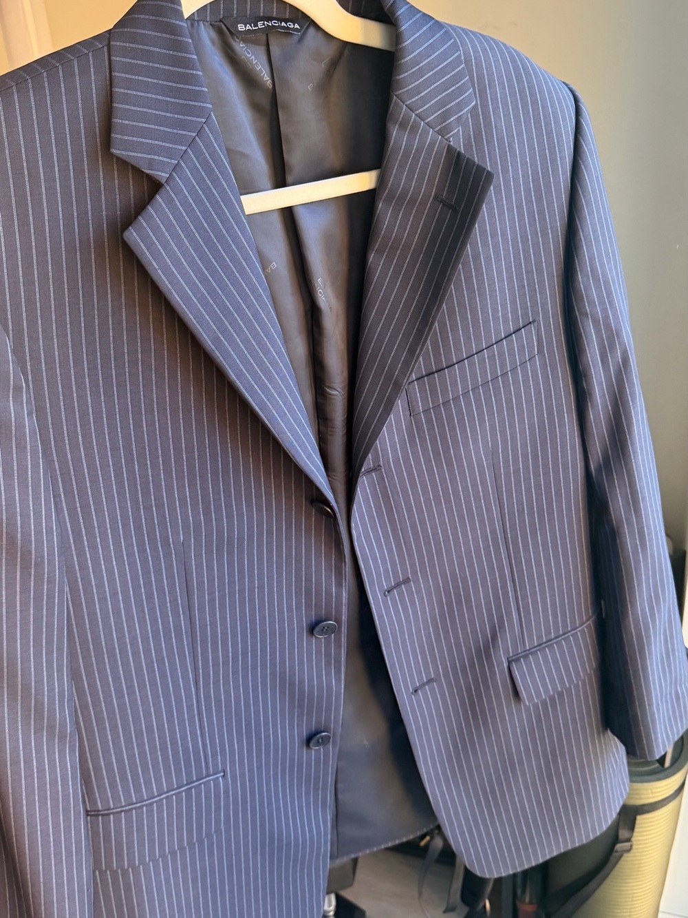 Balenciaga Navy Pinstripe Suit Jacket with Satin Lining (Vintage)